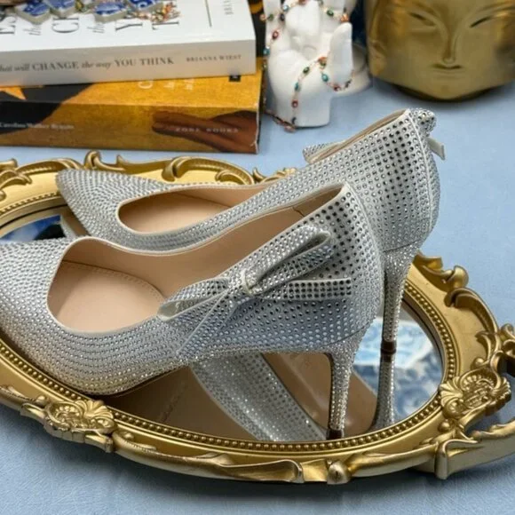 🆕 BLACK SUEDE STUDIO 🧿 NWOB White Satin Ribbon Rhinestone Heels, Sz 37 US 6.5 - Picture 10 of 16